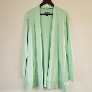 Lands'End Women Open Front Cardigan Lime Green 1X 100Cotton Pockets Classic